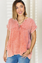 Zenana Washed Raw Hem Short Sleeve Blouse with Pockets